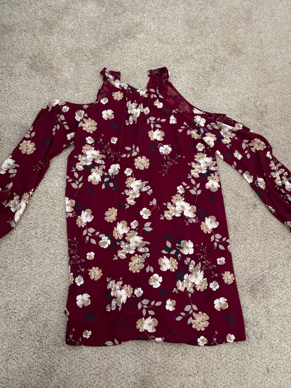 Burgundy Floral Cold-Shoulder Dress